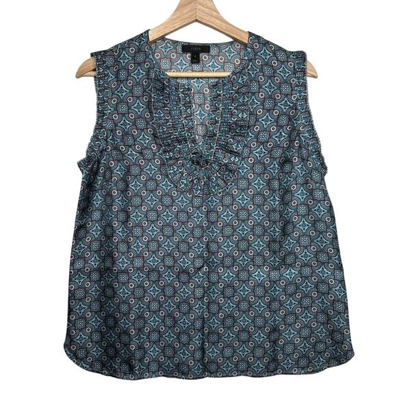 J. Crew Tops - J. Crew Silk Tank Top Blouse Margo Medallion Ruffle V-NeckTeal Brown 8 Workwear